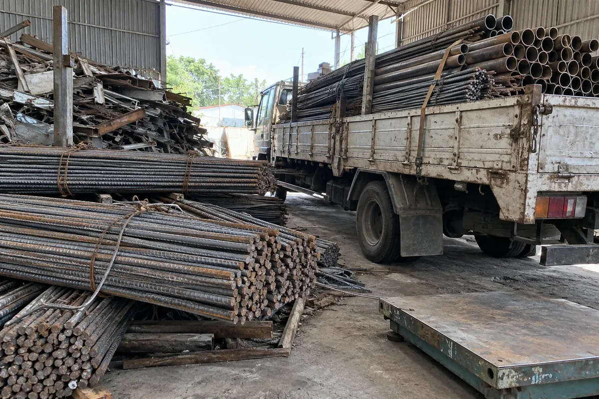 Ảnh minh họa: xe tải chở thép cây và ống thép xếp gọn ở bãi tập kết